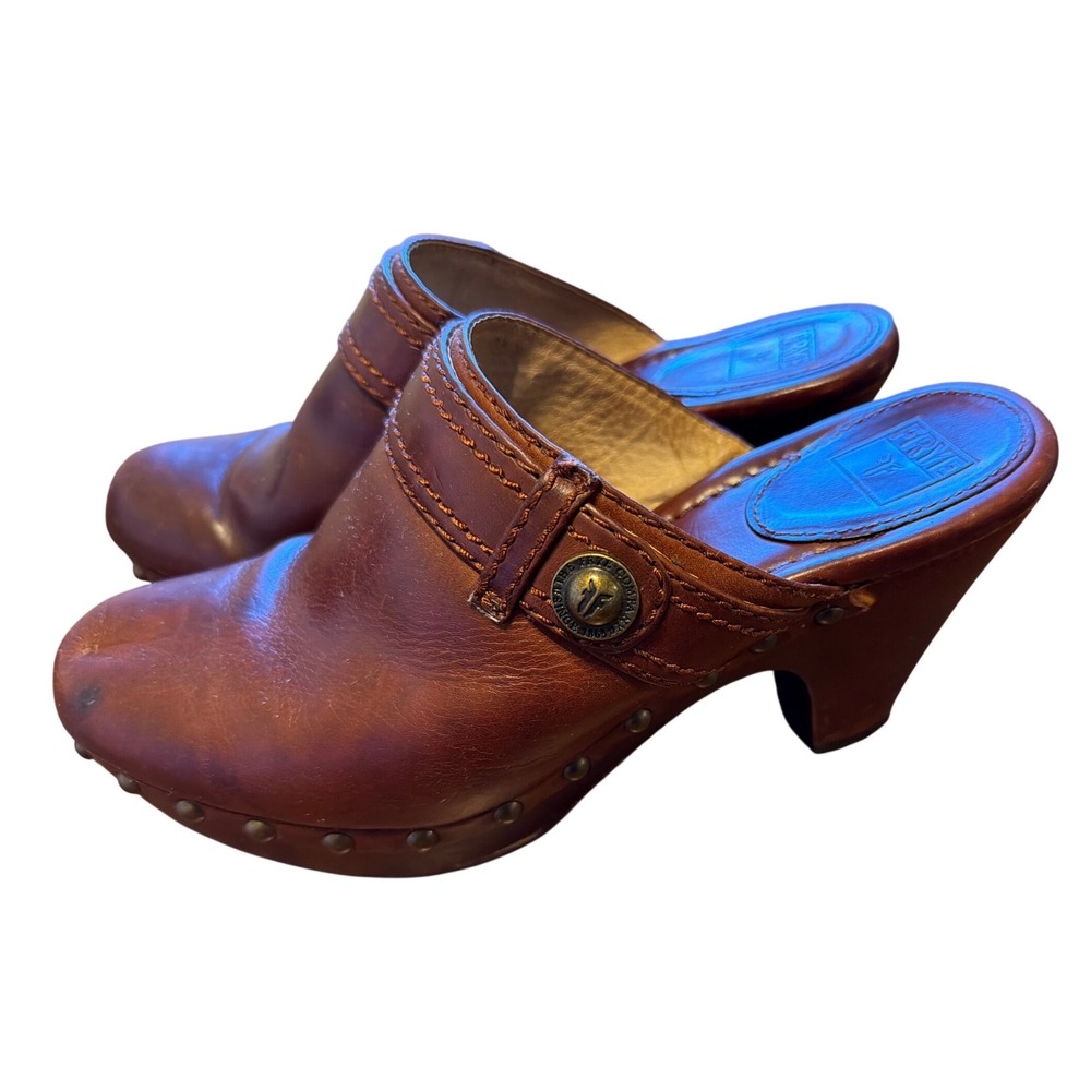 Frye Audra Button Heel Clogs Brown Leather Studded Wood Mules 7.5M 78210
